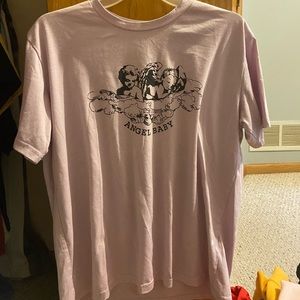 Purple graphic tee over sized a little. Short sleeve says angel baby